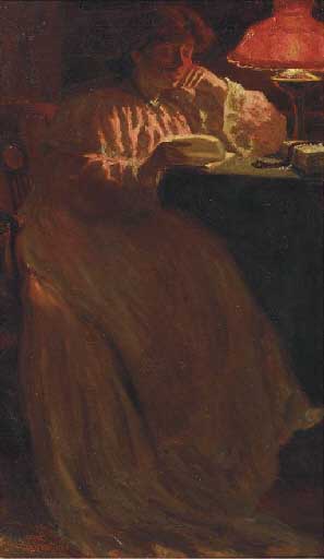 Woman reading by lamp light